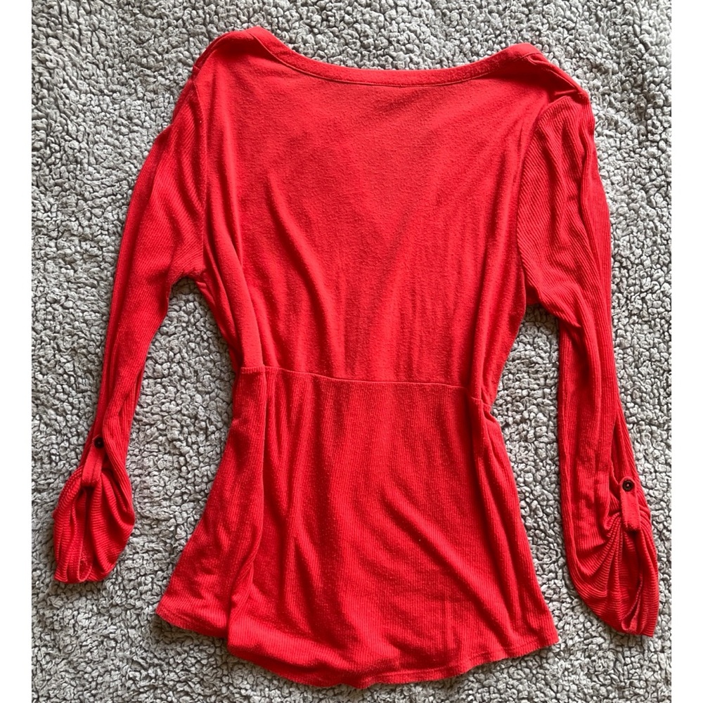Lucky Brand Medium Red Coral Burnt Orange 3/4 Pinned Sleeves Boho Top. - Picture 5 of 5